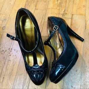 EUC Merona Leather 4” Heel Mary Jane Saddle Shoes Black Size 7